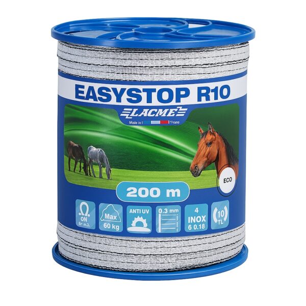 Villanypásztor szalag 200m 60Kg 9,6 Ωm 10mm LACME Easystop R10 fehérfekete 4 vezetőszál új