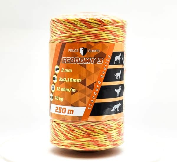 Villanypásztor Vezeték 250m 70Kg 12 Ω/m 2mm Fence Guard Economy3, 3 vezetőszál, sárga-narancs