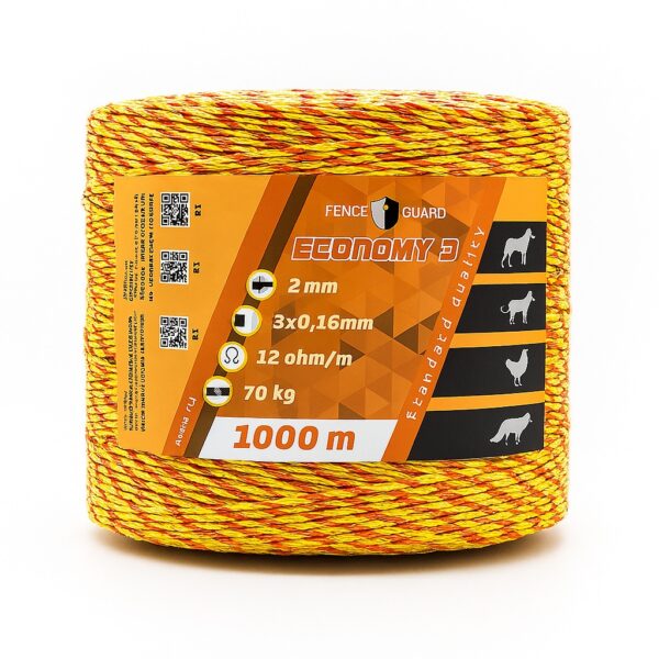 Villanypásztor Vezeték 1000m 70Kg 12 Ωm 2mm Fence Guard Economy3, 3 vezetőszál, sárga-narancs új