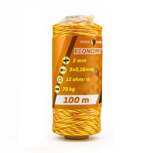 Villanypásztor Vezeték 100m 70Kg 12 Ωm 2mm Fence Guard Economy3, 3 vezetőszál, sárga-narancs új