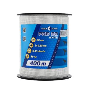 Villanypásztor szalag 400m 80Kg 0,39 Ωm 20mm Fence Guard PRO 20, 5 vezetőszál Fehér új